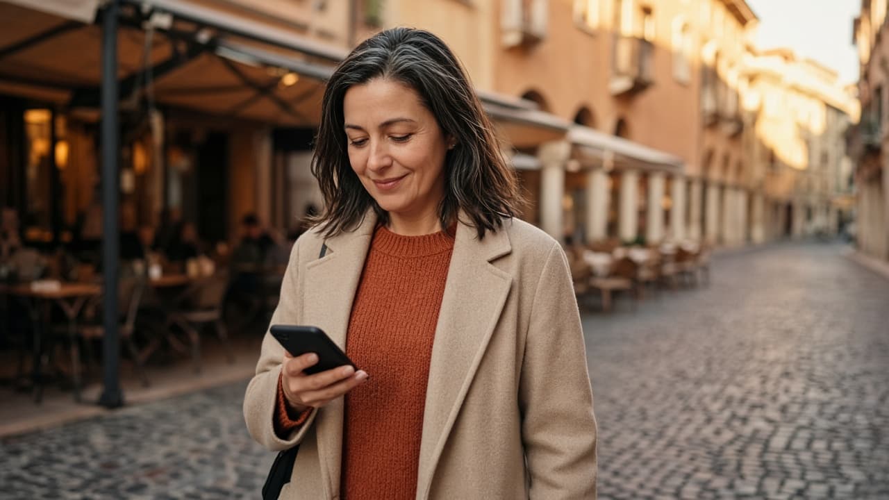 Giulia passeggia tranquilla per il centro guardando il telefono