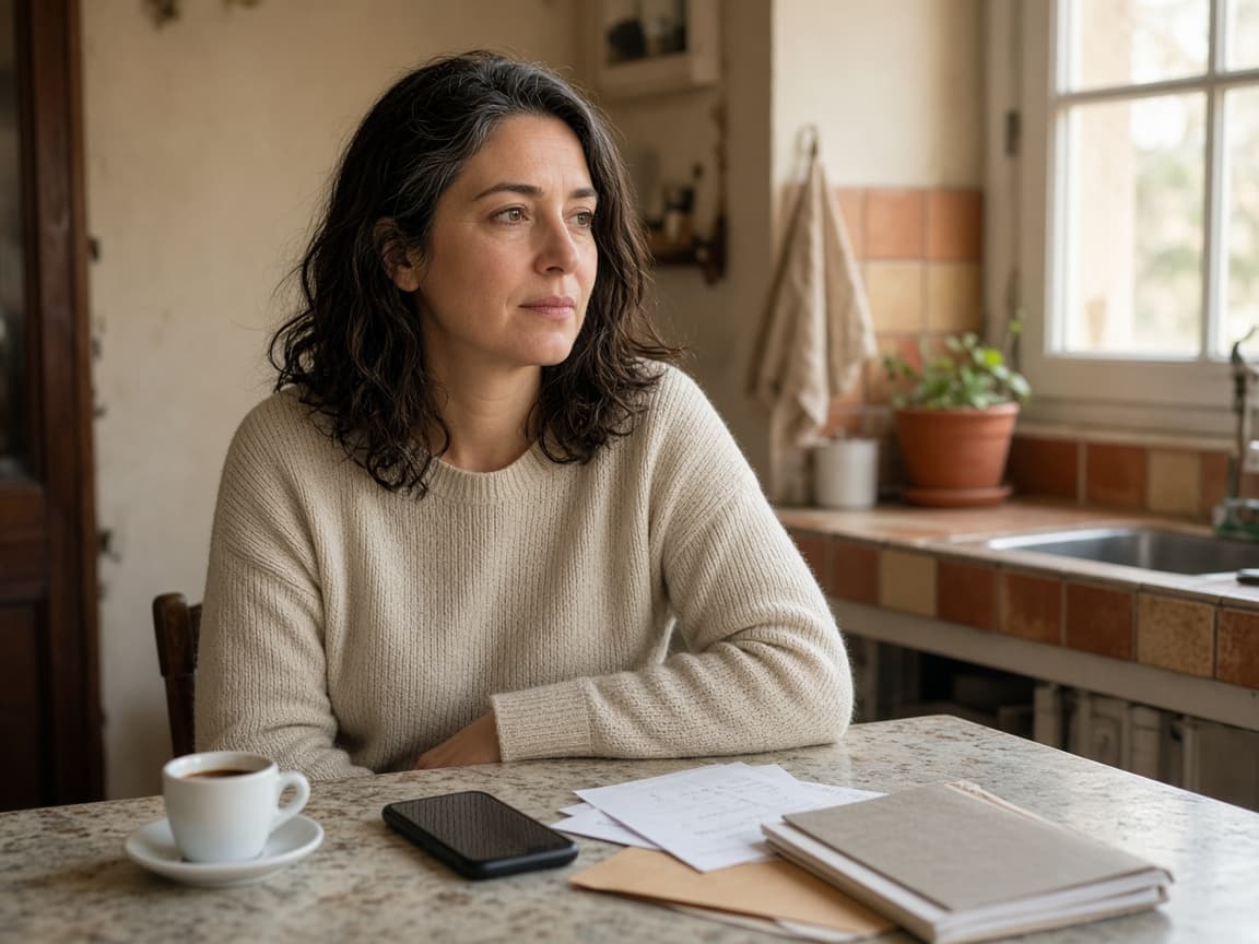 Giulia, 42 anni, al tavolo della cucina con un caffè, il telefono e alcune bollette