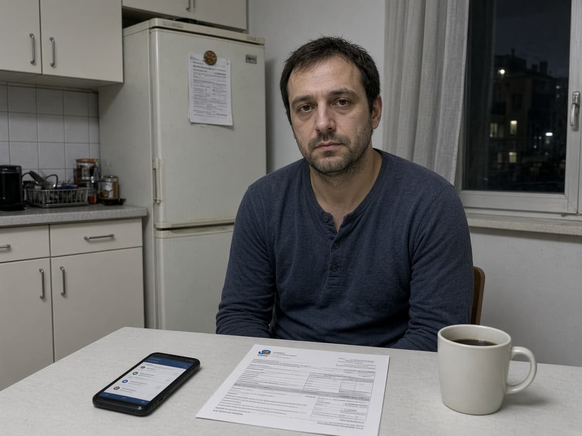 Davide, 39 anni, al tavolo della cucina a Torino con il telefono e una bolletta