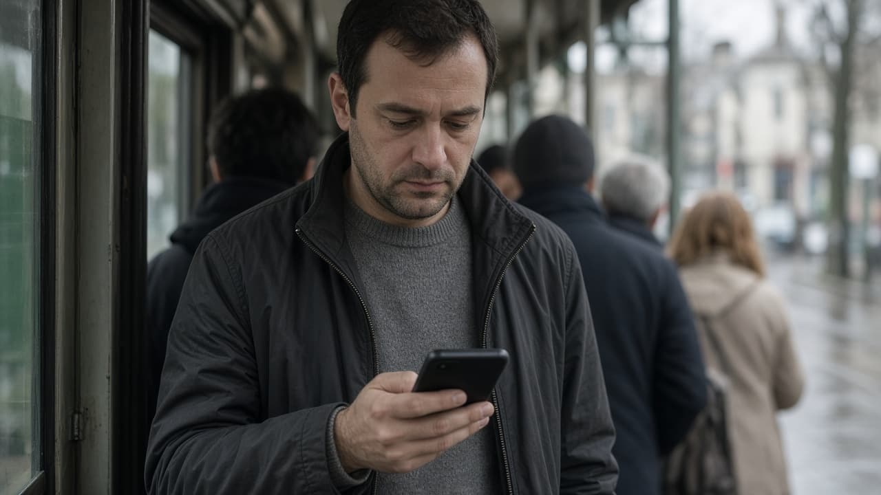 Davide sul tram a Torino, telefono in mano, sguardo calmo