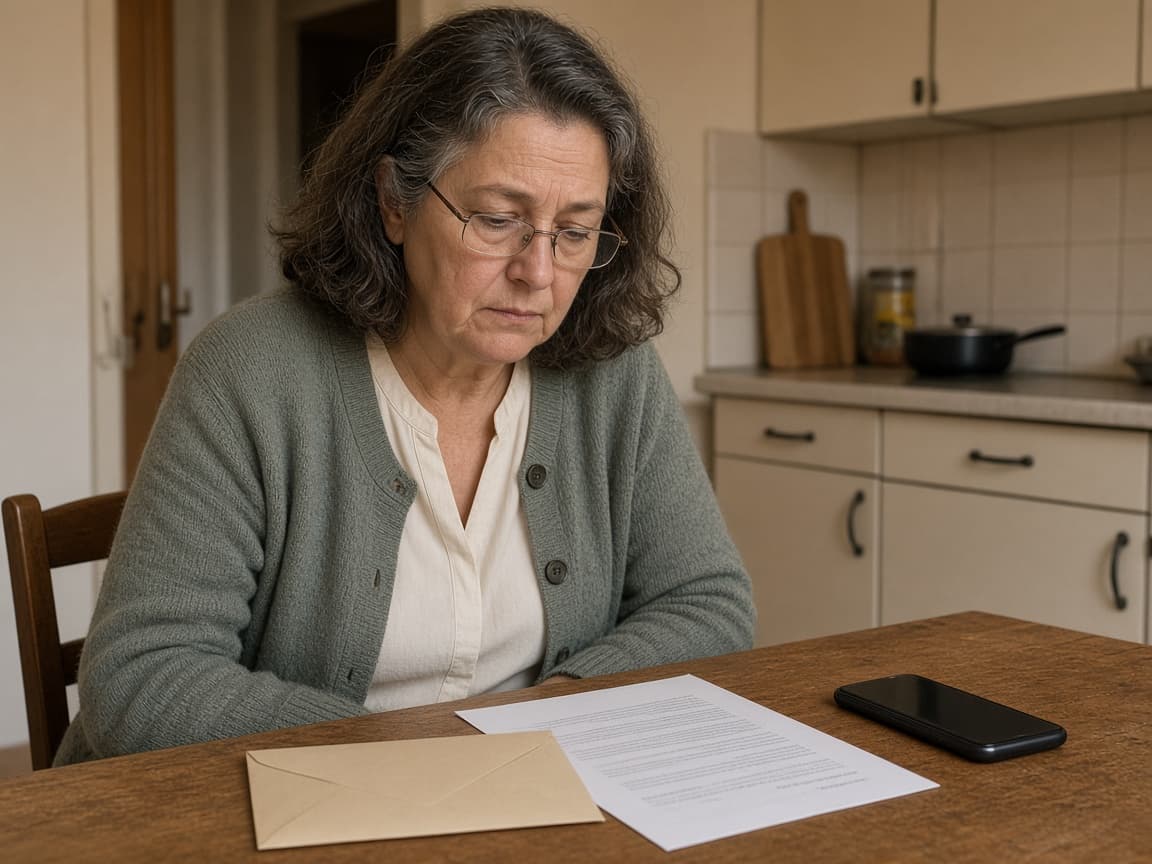 Elena, 58 anni, al tavolo di casa a Padova con una busta e il telefono