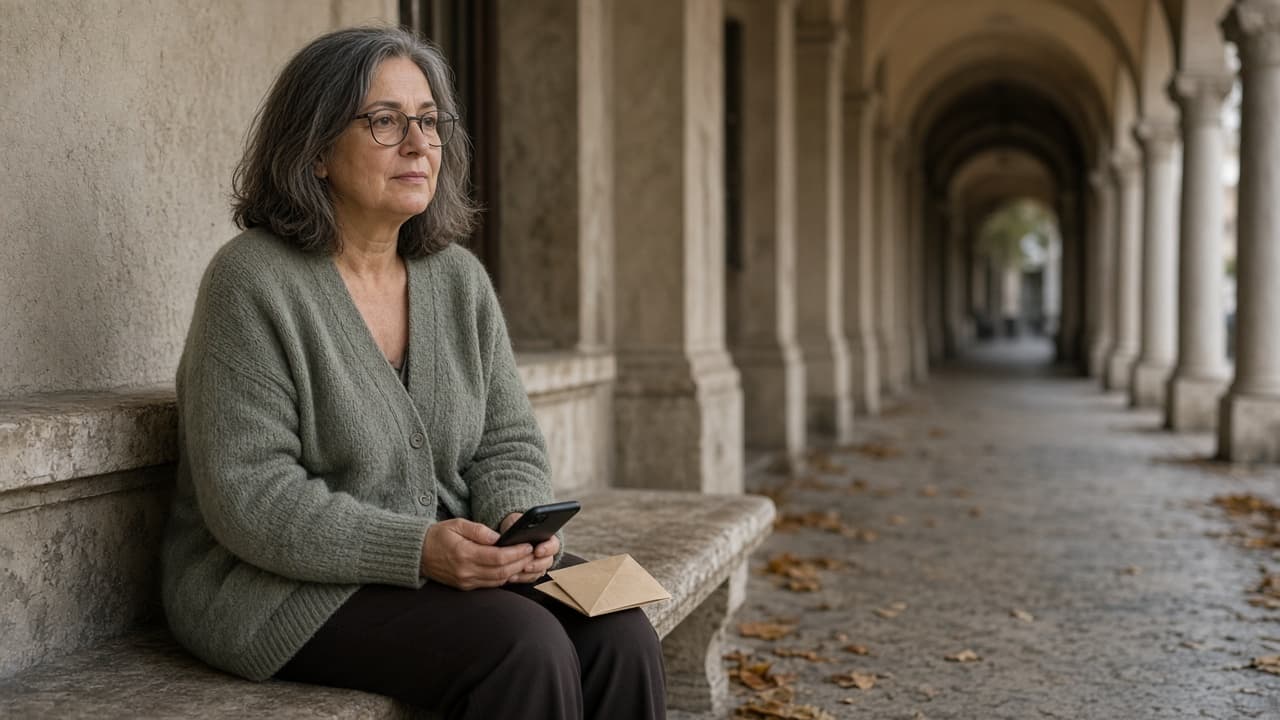 Elena su una panchina a Padova, telefono in grembo, sguardo calmo