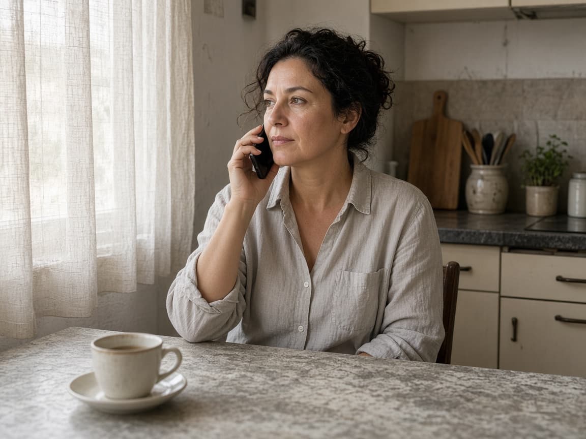 Una persona al tavolo di casa parla al telefono, al mattino