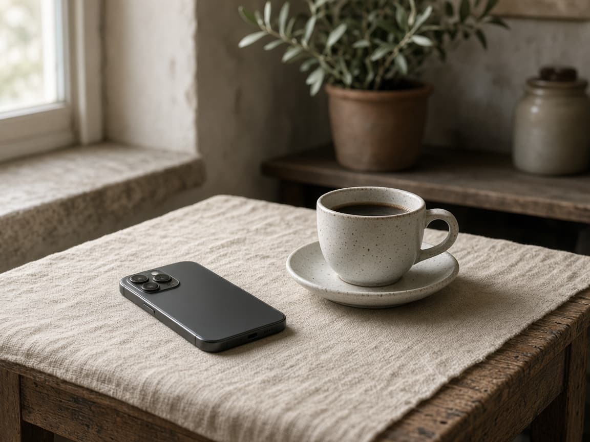 Un telefono a faccia in giù sul tavolo di casa, al mattino, accanto a una tazza di caffè