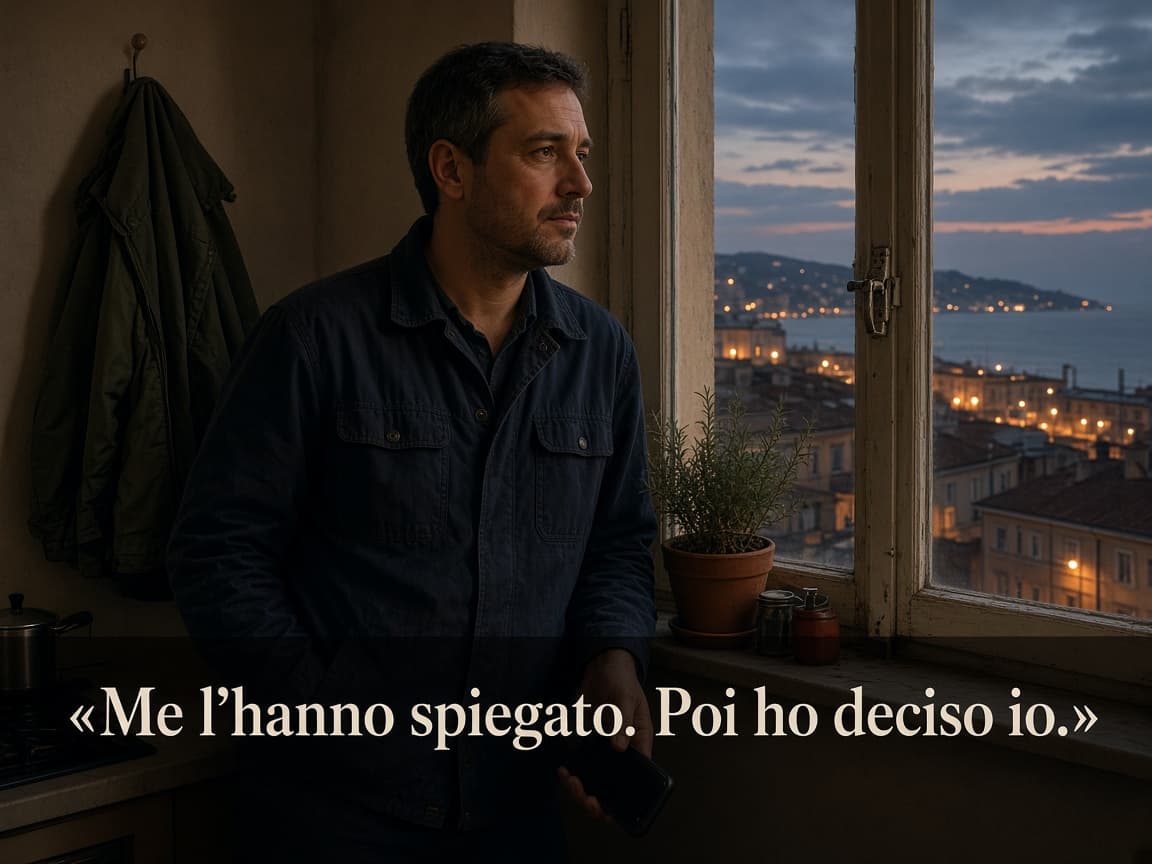 Luca alla finestra di casa a Trieste, il giaccone appeso, sguardo calmo