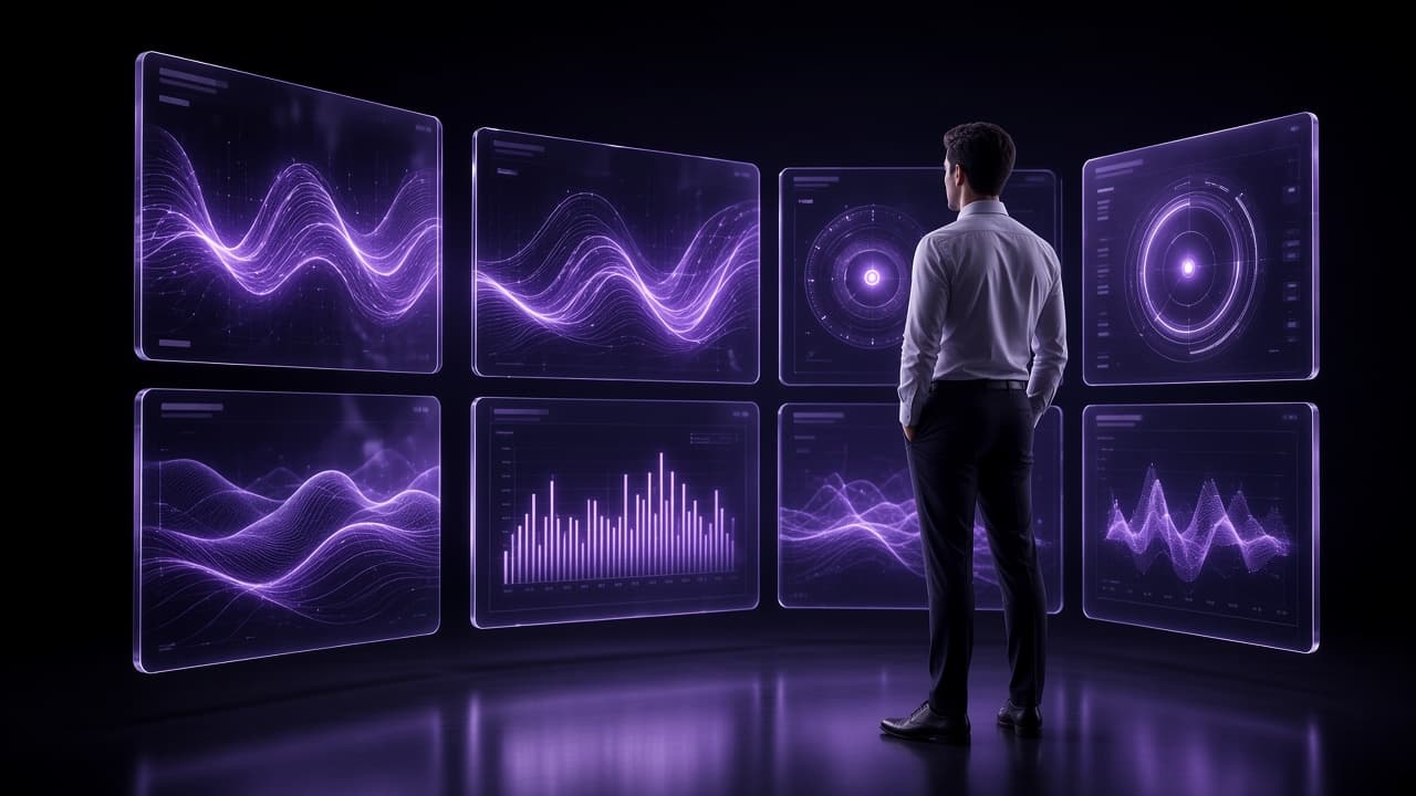 Schermi olografici di Lupo AI con analisi automatica del mercato Forex