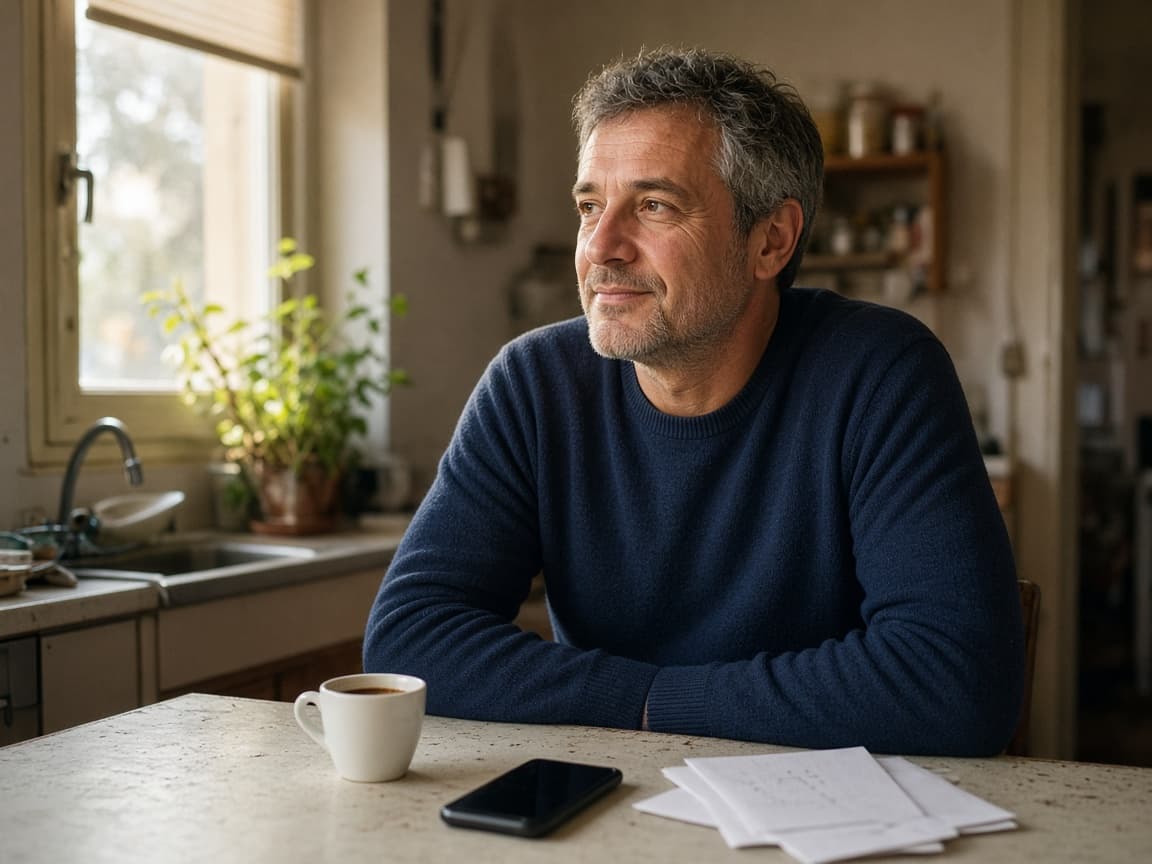 Marco, 52 anni, al tavolo della cucina con un caffè, il telefono e alcune bollette
