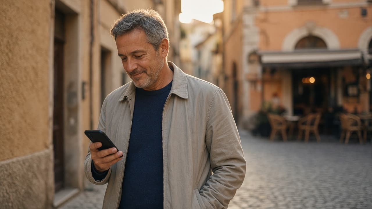 Marco passeggia tranquillo per il centro guardando il telefono