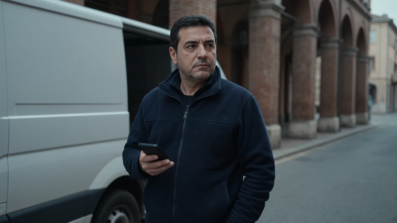 Paolo accanto al furgone a Bologna, telefono in mano, sguardo calmo