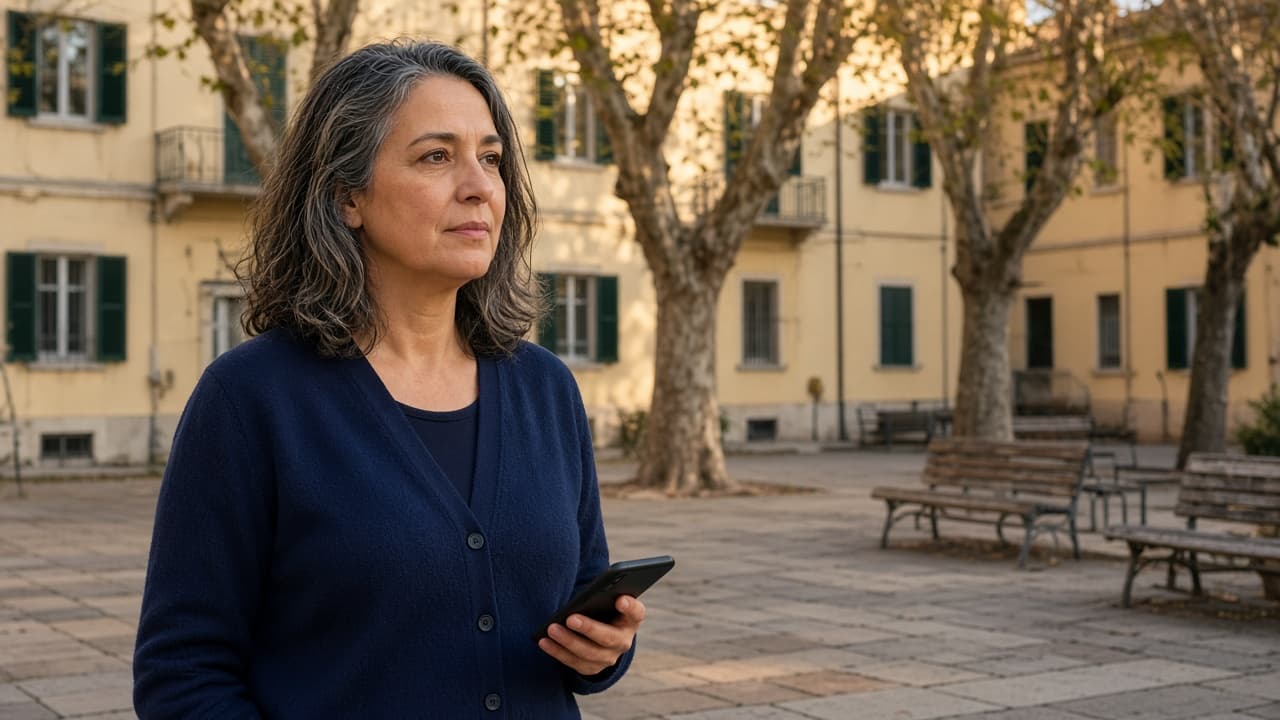Sara nel cortile della scuola a Roma, telefono in mano, sguardo calmo